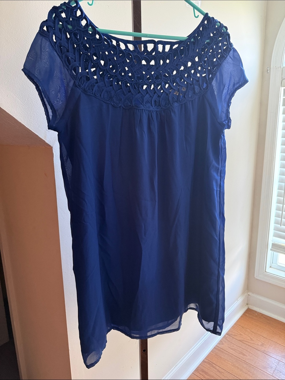 Hot and Delicious Women's Navy Blue Crochet-Yoke Short Sleeve Top